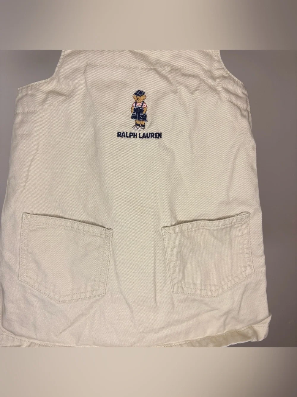 Ralph Lauren Vintage Cream Dress, Embroidered Bear, Buttons On Side Size 6-12M